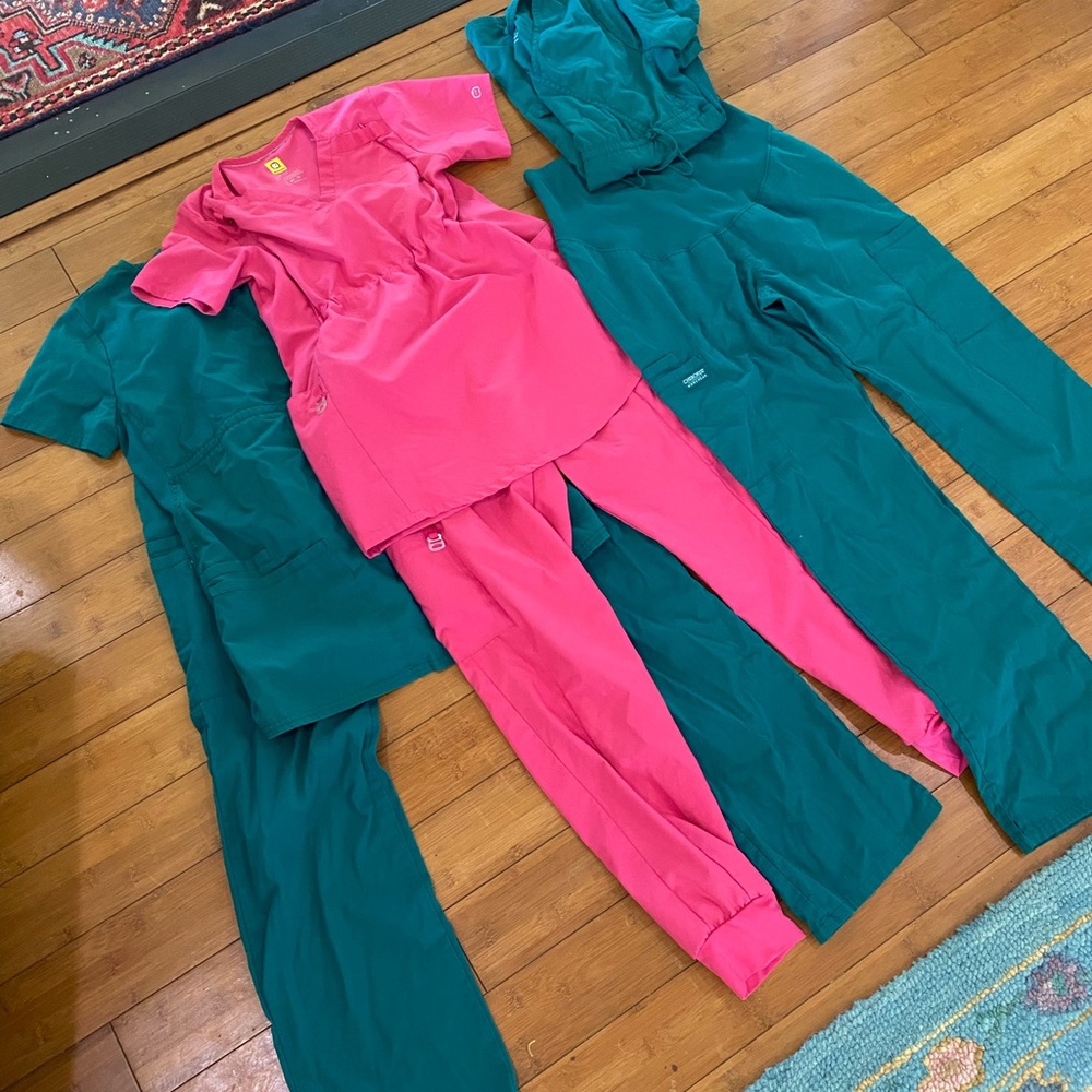 Cherokee Pink, blue and green maternity Scrub Set